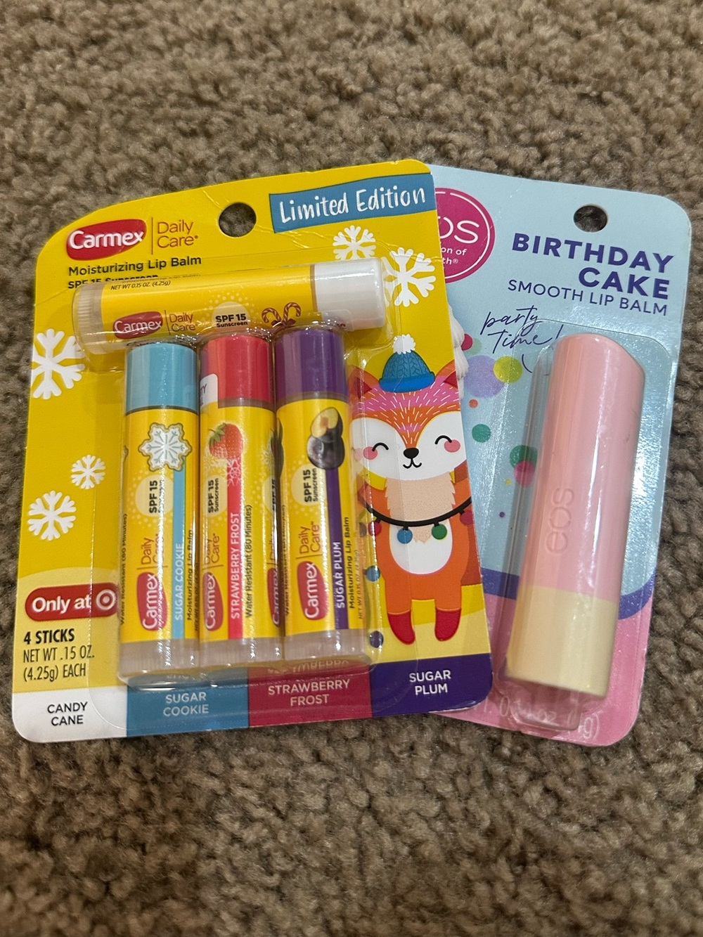 Carmex 4-pack Lip Balm + eos Single Lip Balm Bundle